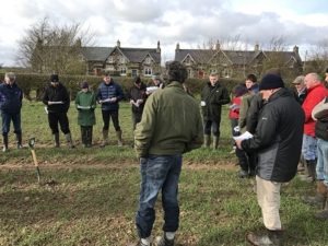 Group fo farmers discussing soil and grass crop in a field