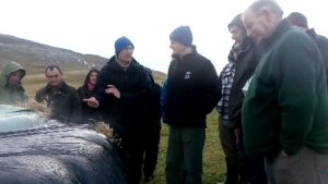 A small group of people standing beside round bales, discussing winter feeding of cattle