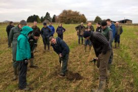 Gavin Elrick digging a soil pit to examine soil structure during the second meeting of the Aberdeenshire Soil & Nutrient Network event in November 2017