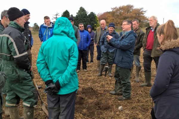 Gavin Elrick, soil expert from SAC Consulting, standing in a stubble field, surrounded by a group of people who attended the second Aberdeenshrie SNN event in November 2017