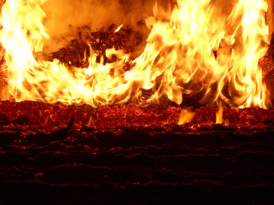 Woodchips burning on a grate