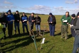 Farmers in a field with Gavin Elrick, soils & drainage expert at West Binny Farm during a Soil and Nutrient Network event