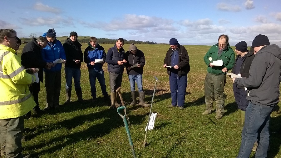 Farmers in a field with Gavin Elrick, soils & drainage expert at West Binny Farm during a Soil and Nutrient Network event