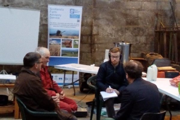 James Milne from Balnellan, the Moray Soil & Nutrient Network host farm, recording a podcast with Dr Paul Hargreaves, soil & grassland expert and Gaving Elrick, soils and drainage expert.