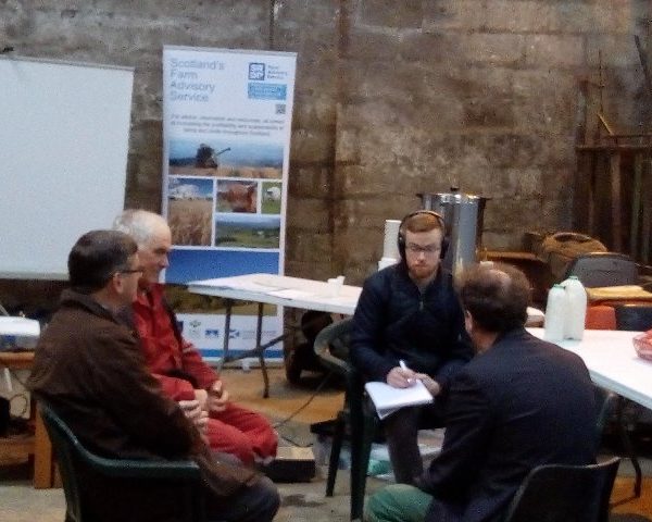 James Milne from Balnellan, the Moray Soil & Nutrient Network host farm, recording a podcast with Dr Paul Hargreaves, soil & grassland expert and Gaving Elrick, soils and drainage expert.
