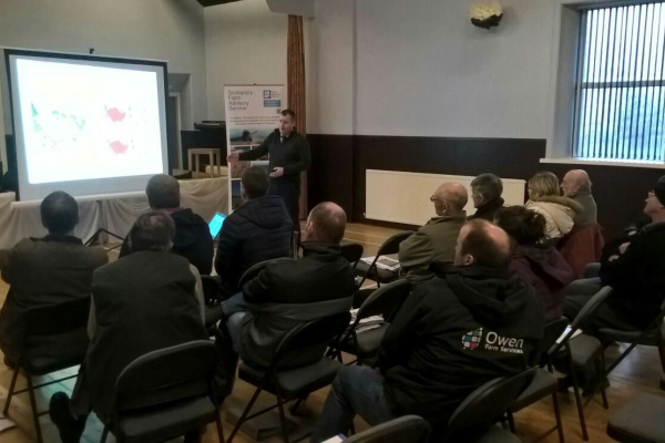 Group of farmers in a hall, listening to a presentation during the final meeting of the Dumfriesshire Soil & Nutrient Network.
