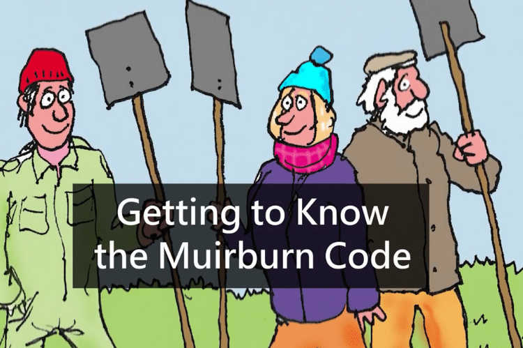 Cartoon graphic depicting two men and a woman getting ready for a muirburn with the words 'Getting to know the muirburn code' overlaid on top.