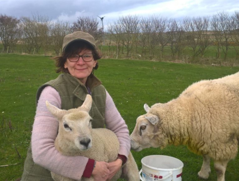 Woman in Agriculture crouches on grassy field with two sheep