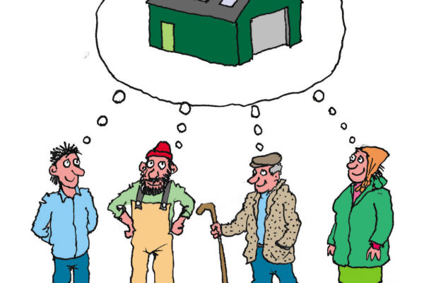 Cartoon of four crofters dreaming about an agricultural shed