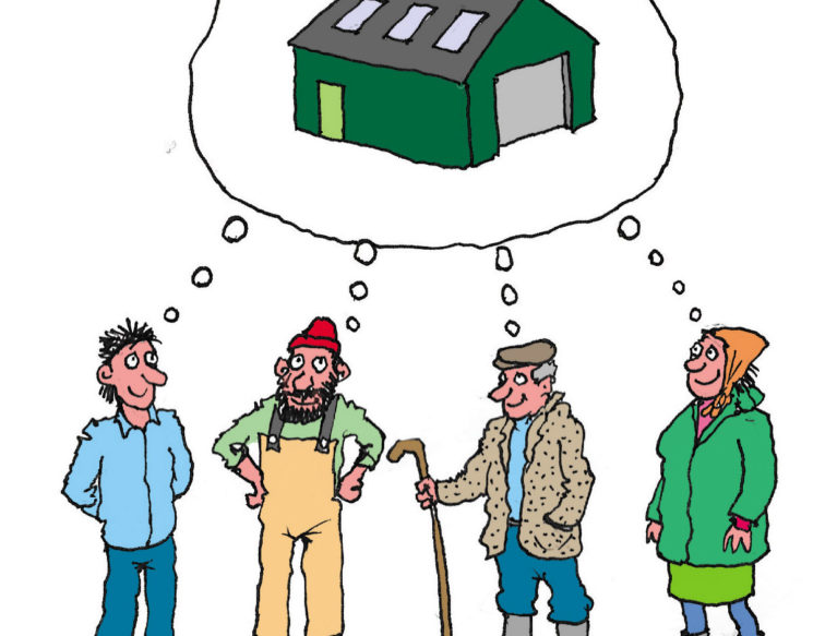 Cartoon of four crofters dreaming about an agricultural shed