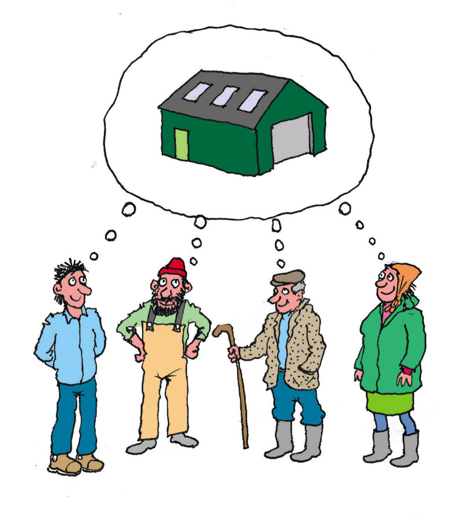 Cartoon of four crofters dreaming about an agricultural shed