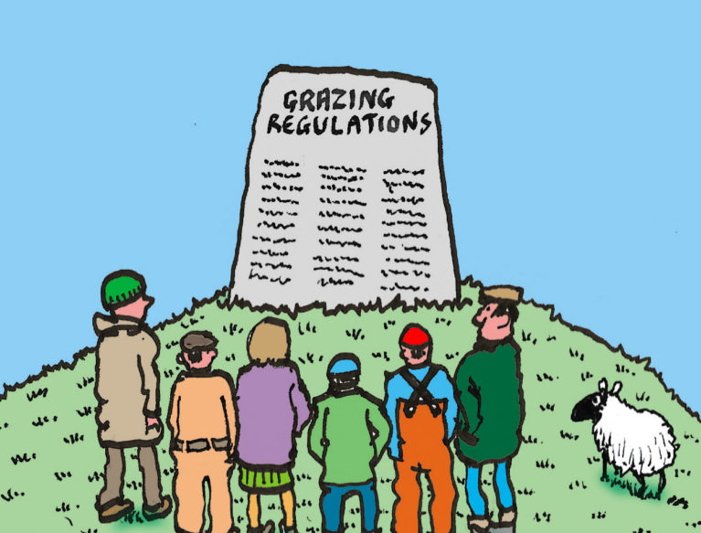 Cartoon of common grazing shreholders looking at a large stone tablet with 'Grazing Regulations' written on it.
