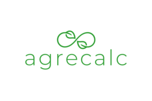 The Agrecalc logo incorporates the title in green font below the infinity sign with two leaves to the left and the right of the crossing point of the lines in the middle. The entire logo is in green on a white background.