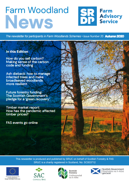 The cover page from the Farm Woodland News, Autumn 2020 edition. There is an autumnal photo as a background with a field in the background, with two deciduous trees in the foreground; there is a low autumnal sun and a red glow to the photo. On the left hand side of the photo there is a list of the featured articles within the newsletter.
