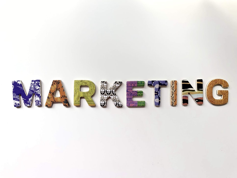 marketing The word marketing spelt out in differnt coloured and patterned latters
