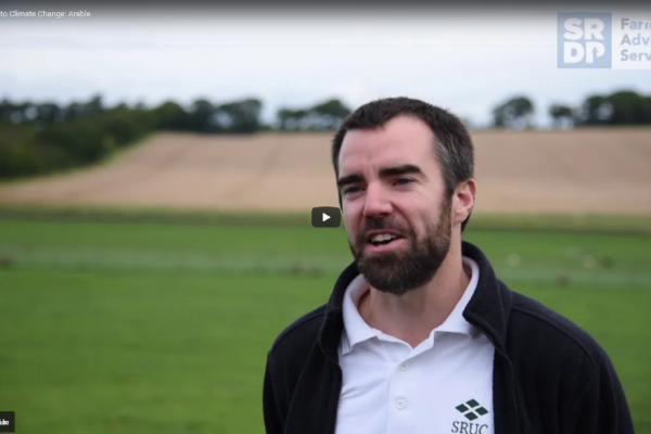 Farmer stood in front of a field, wearing an SRUC branded polo shirt