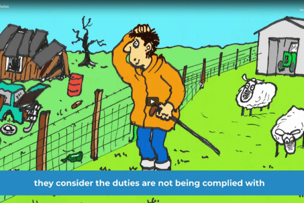 A cartoon crofter scratching their head looking at derelict land next to their nice croft.