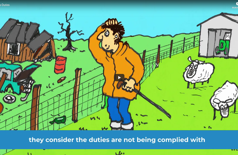 A cartoon crofter scratching their head looking at derelict land next to their nice croft.