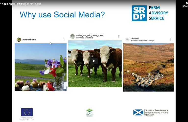 Powerpoint slide asking 'why use social media' with photos of social media accounts