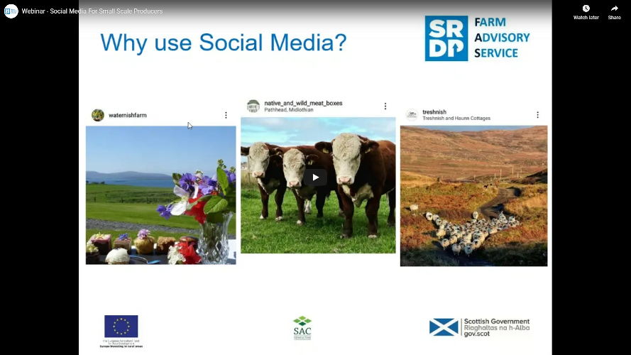 Powerpoint slide asking 'why use social media' with photos of social media accounts