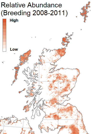 Redshank abundance in Scotland during the breeding season. Map reproduced from Bird Atlas 2007–11, which is a joint project between BTO, BirdWatch Ireland and the Scottish Ornithologists’ Club. Map reproduced with permission from the British Trust for Ornithology. 