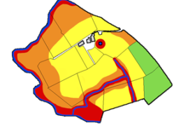 A Risk Assessment for Manures and Slurry map infographic showing the fields surrounding a farm steading in traffic light colours to highlight the high risk areas for pollution from the spreading of slurries, manures and fertilisers.