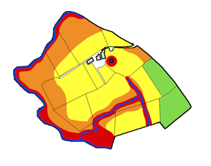 A Risk Assessment for Manures and Slurry map infographic showing the fields surrounding a farm steading in traffic light colours to highlight the high risk areas for pollution from the spreading of slurries, manures and fertilisers.