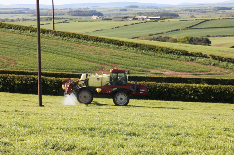 A red self propelled pesticide sprayer spraying herbicide on a grassland field.