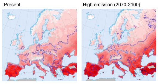 Two graphic maps of Europe showing areas most at risk of forest fires. The first map highlights Southern areas most at risk at present (2017 data) but looking to 2070-2100 these at risk areas have increased northwards to as high as the middle of France and across to the Ukraine region.