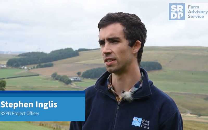 RSPB's Project officer, Stephen Inglis standing in an upland area within the Clyde Valley Wader Initiative area speaking to the camera.