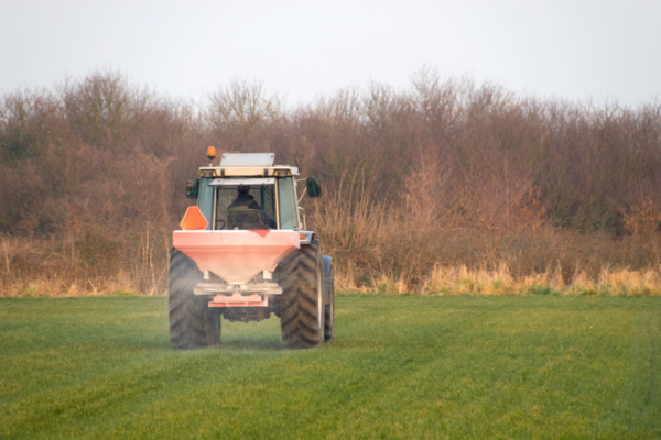 A tractor and fertiliser spreader in a grass field driving away from the camera and towards an area of scrub at the field margin.