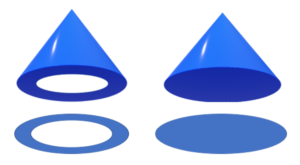 Two conical shapes; the one on the left has a white centre to it, the one on the right doesn't. The shadow below each shape depicts the predicted spray pattern from each nozzle.