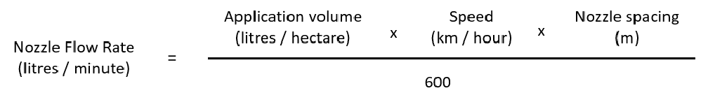The formula used to calculate pesticide nozzle flow rate: Nozzle flow rate (litres/minute) = (Application volumen (litres/ha) mulitplied by speed (km/hour) multiplied by the nozzle spacing (m)) divided by 600