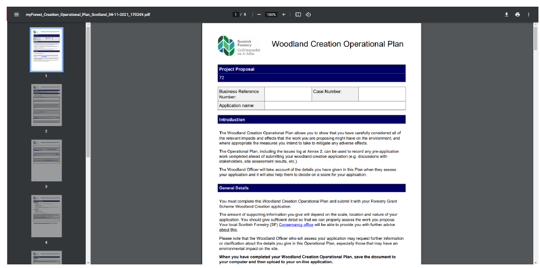 A screenshot of the Woodland Creation Operational Plan downloadable output form the myForest Woodland Creator tool.