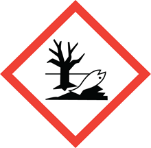 The health and safety sign depicting a biohazard to the water environment; a red diamond outline around a skeletal tree, black water and a dead fish out of the water.