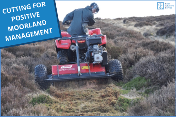 A red quad bike pulling a flail mower over an area of heather moorland.