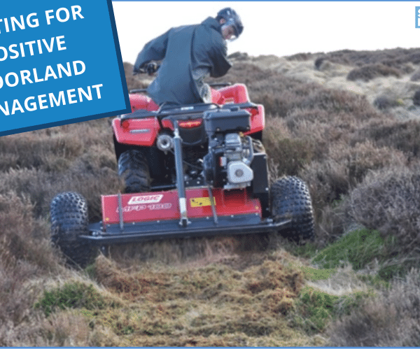 A red quad bike pulling a flail mower over an area of heather moorland.