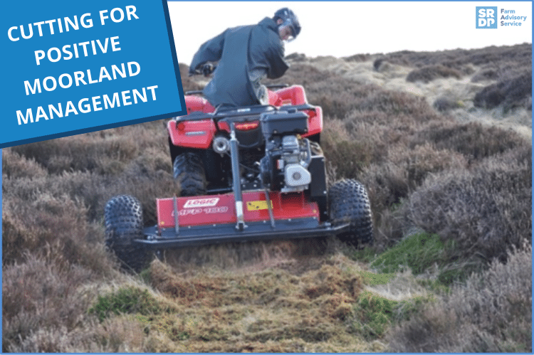 A red quad bike pulling a flail mower over an area of heather moorland.