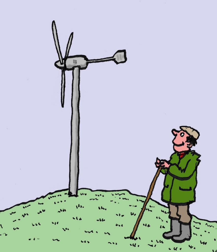 Cartoon of a man looking at a windmill