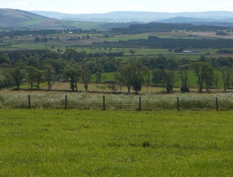 View of fields and hills