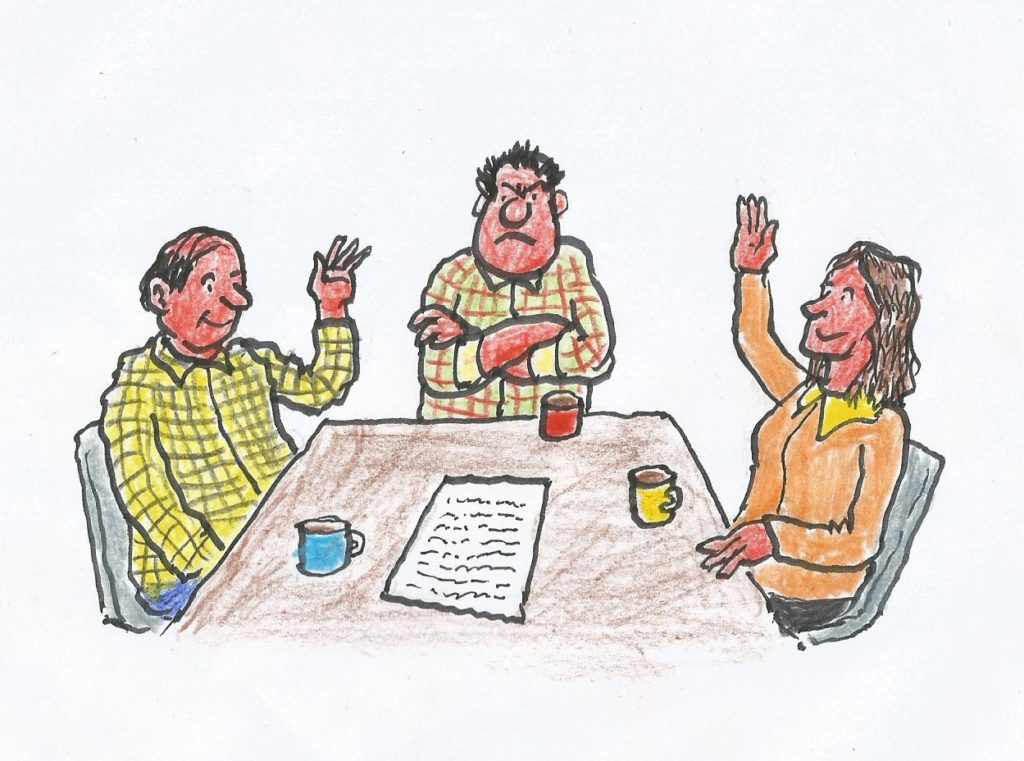 cartoon of three people sitting around a table