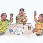 cartoon of three people sitting around a table