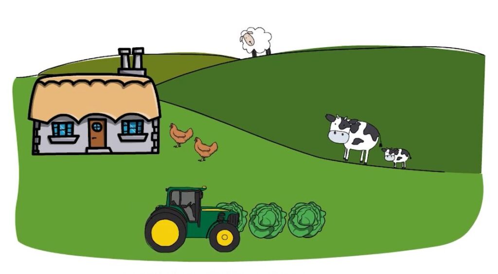 cartoon of croft house, tractor and livestock