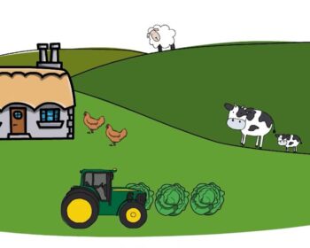 cartoon of croft house, tractor and livestock