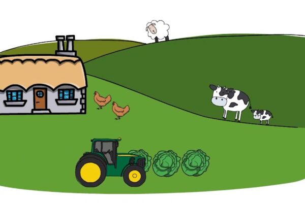 cartoon of croft house, tractor and livestock