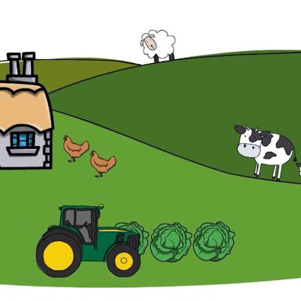 cartoon of croft house, tractor and livestock