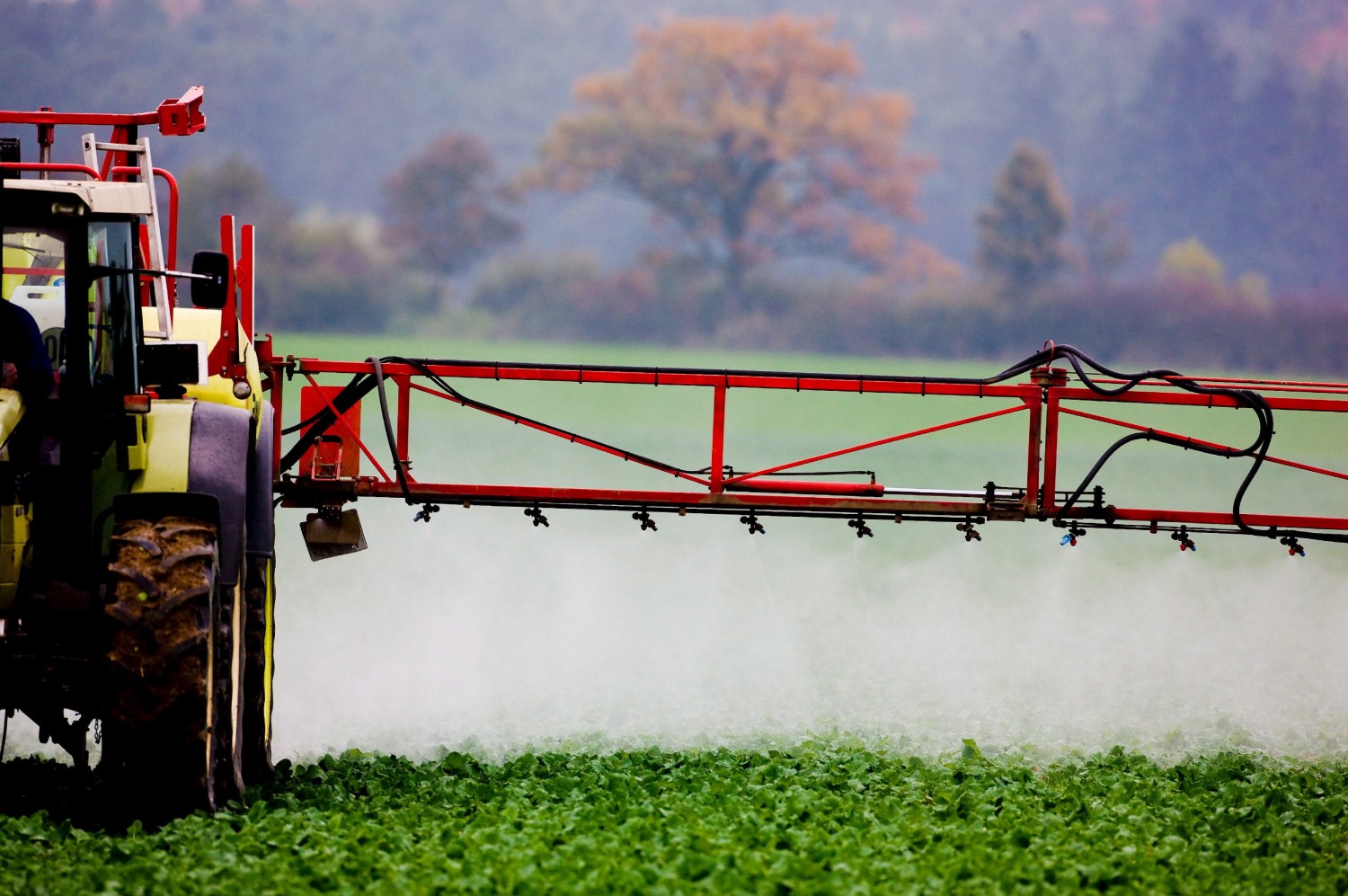 A tractor spraying a field with a sprayer.