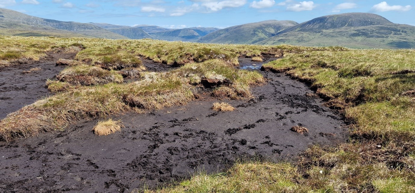 Example of an active erosion – flat bare peat is estimated to emit 17.72 tonnes of CO2e per hectare per year (Peatland Code, 2023).