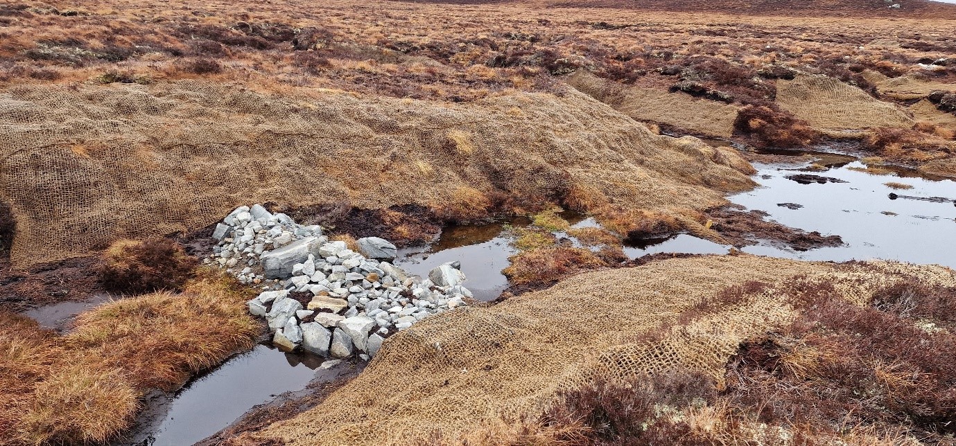 A stone dam used in wide channel which was previously eroded down to mineral layer. The eroding sides of the channel have been covered by geotextiles to stop the erosion and encourage vegetation growth. 