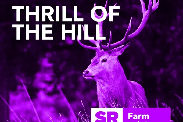 A deer with large antlers in a field, overlaid with the text "THRILL OF THE HILL," and a "SRDP Farm Advisory Service" logo. The image has a purple tint.